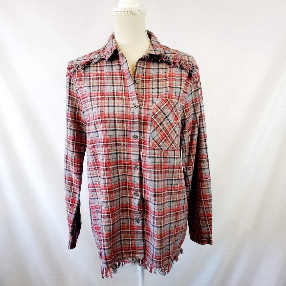 Johnny Cotton Red and Gray Fringe Flannel Top